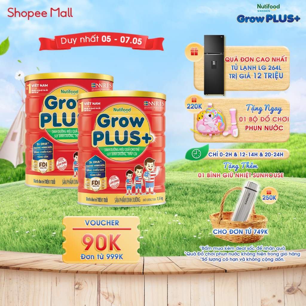 Combo 2 Sữa Bột Nutifood GrowPLUS+ Suy Dinh Dưỡng 1.5kg - Trên 1 Tuổi - Tăng Cân, Tăng Chiều Cao (2 Lon x Lon 1.5kg)