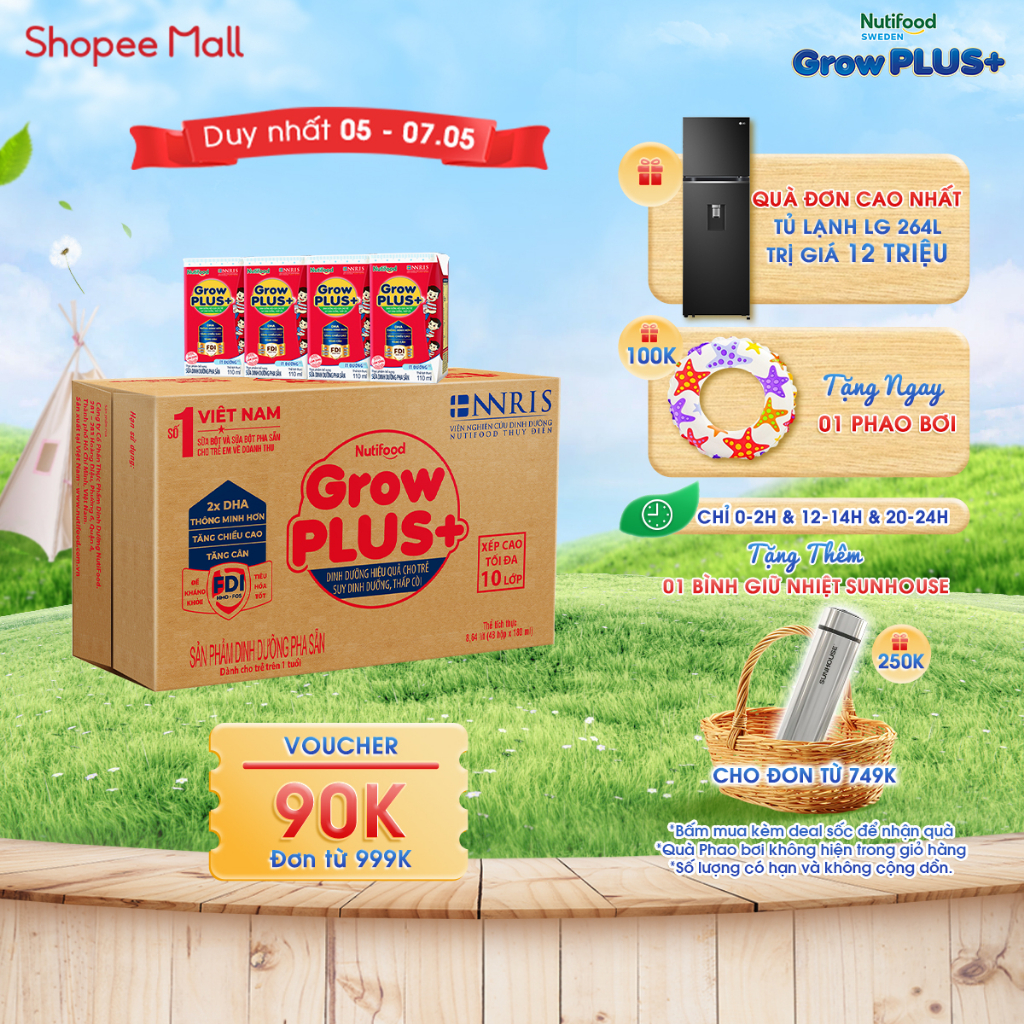 Thùng Sữa Bột Pha Sẵn Nutifood GrowPLUS+ ít đường Suy Dinh Dưỡng - Trên 1 Tuổi - Tăng Cân, Tăng Chiều Cao (48 Hộp x 110m
