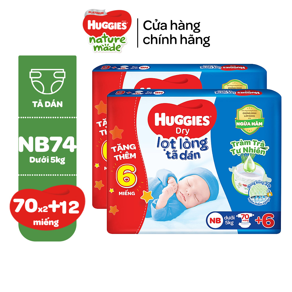 [Tặng 4 miếng cho size S80] Combo 2 Tã dán sơ sinh Tràm Trà Tự Nhiên Huggies NB40/NB70/S54/S80