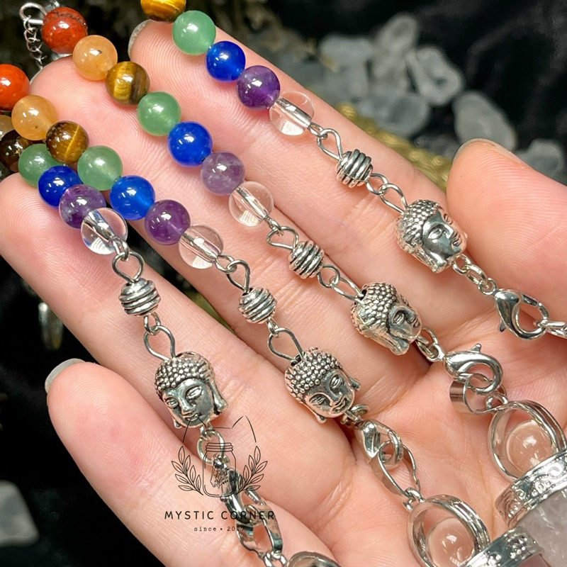 Con lắc cảm xạ đá thạch anh hồng Rose Quartz dây 7 luân xa charm Buddha, Om