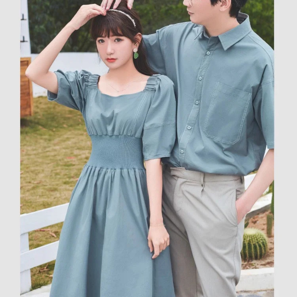 Áo váy đôi sơ mi ngắn tay nam nữ phong cách Hàn Quốc couple chụp ảnh cưới đi biển đẹp AV02
