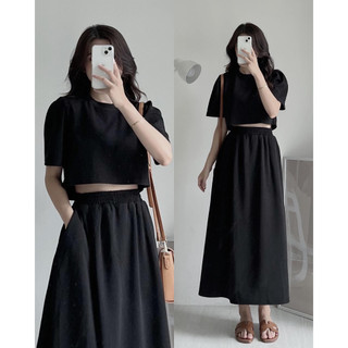 Sét chân váy thun dáng dài + áo cut out cộc tay dáng croptop myra - Setchuncatout105