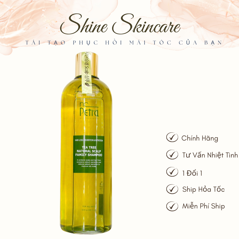 Dầu gội trà tràm kiềm dầu cho da nhạy cảm, dưỡng tóc khô xơ rối Petra Tea Tree Natural Scalp Family Shampoo 520ml