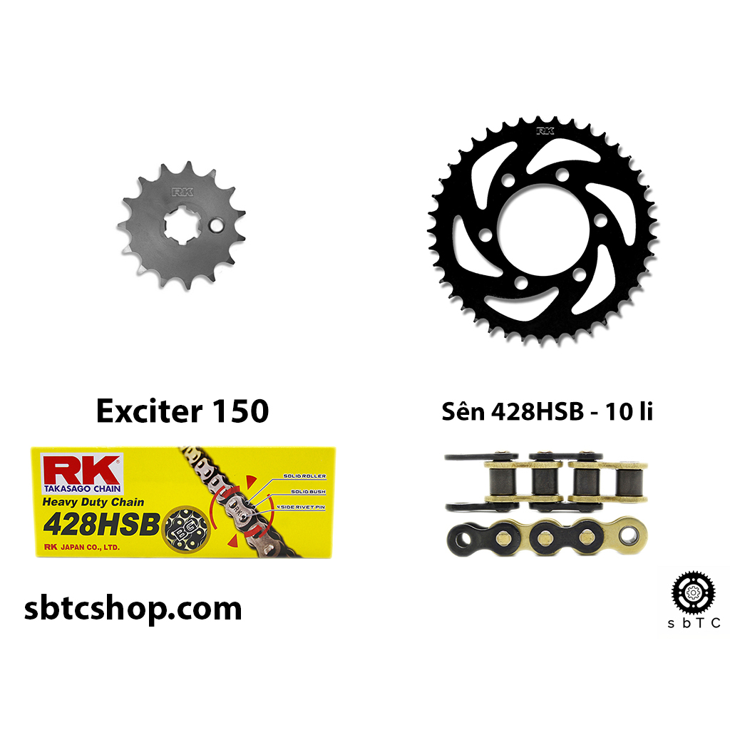 NSD Nhông sên dĩa RK đen vàng 428HSB 10 li ly Exciter 150 chính hãng