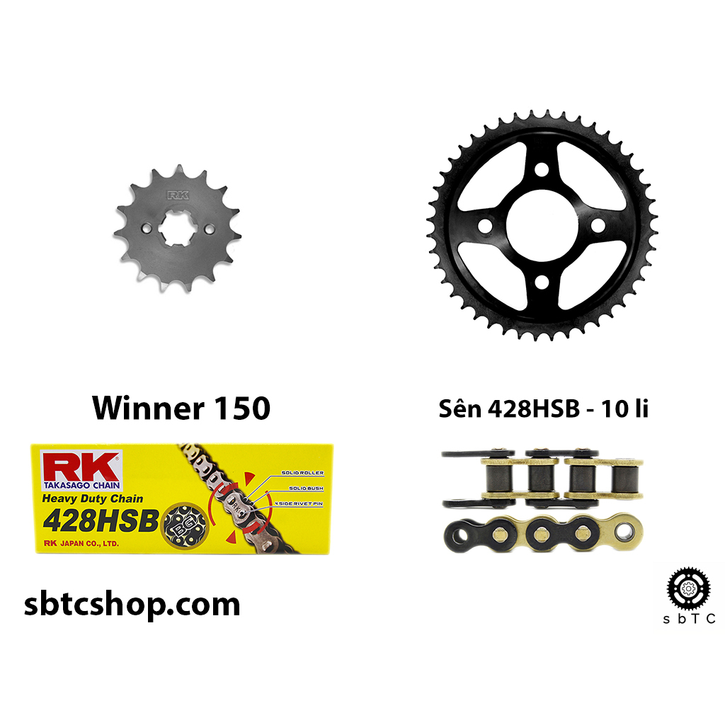 NSD Nhông sên dĩa RK đen vàng 428HSB 10 li ly Winner 150 chính hãng