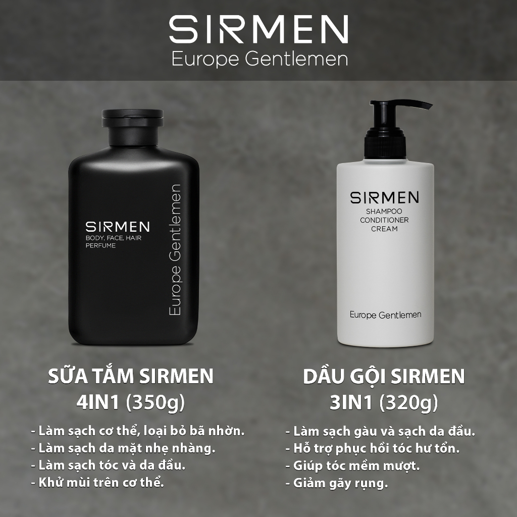 [Combo 2 chai] Sữa tắm 350g và Dầu gội 320g nguyên liệu châu Âu SIRMEN Europe Gentlemen cao cấp 100g chiết xuất tự nhiên