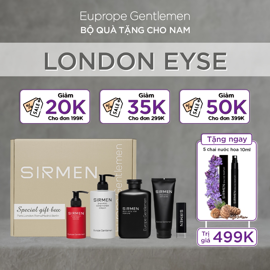 Giftbox London Eyes SIRMEN Sữa tắm nam 350g Dầu gội xả dưỡng 320g Dung dịch vệ sinh 100g Sữa rửa mặt 100g và Son Dưỡng