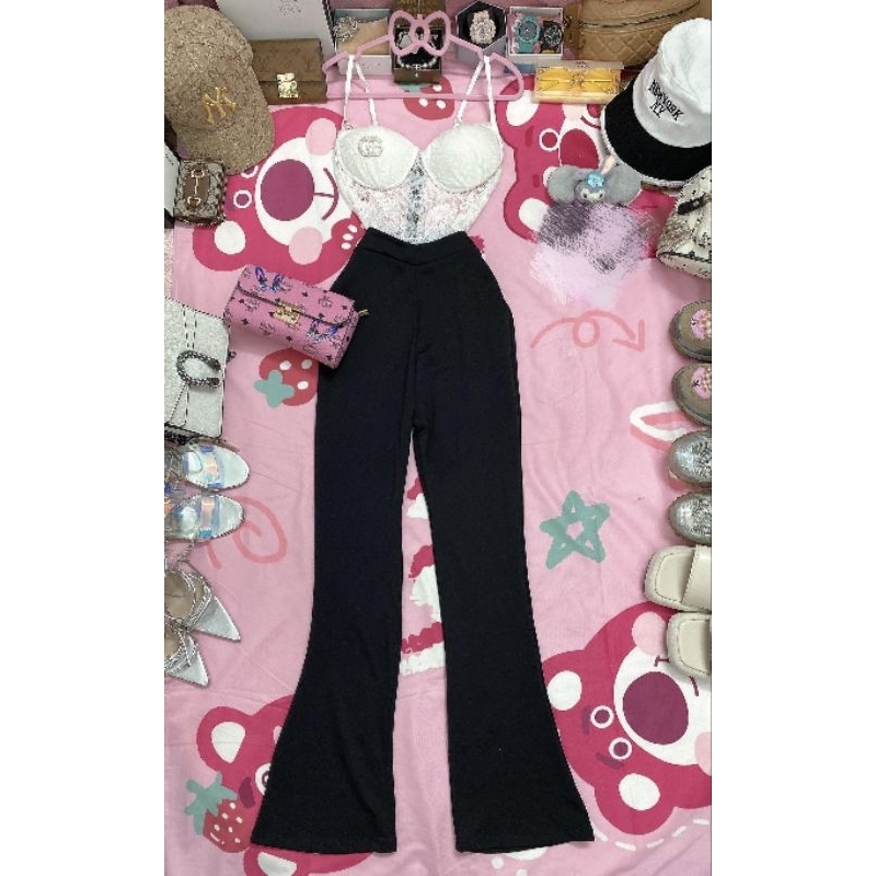 PASS 💌 Hàng Shop Set Áo Croptop Bra Ren Hai Dây Cúp Ngực Và Quần Dài Ống Loe Ôm Body Sexy - Tiểu Thư Bánh Bèo Sang Chảnh