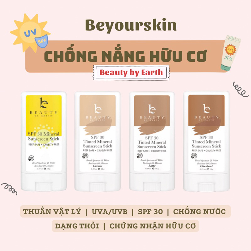 Kem chống nắng hữu cơ dạng thỏi cho bé/mẹ/gia đình Beauty by Earth SPF 30 Mineral/Tinted Mineral Sunscreen Face Stick