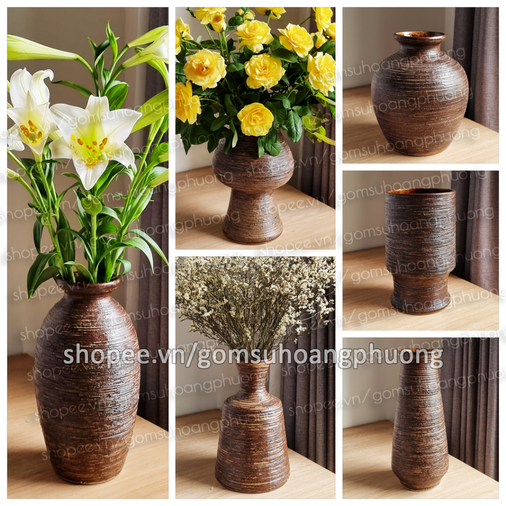 Bình hoa gốm sứ men nâu gỗ Bát Tràng