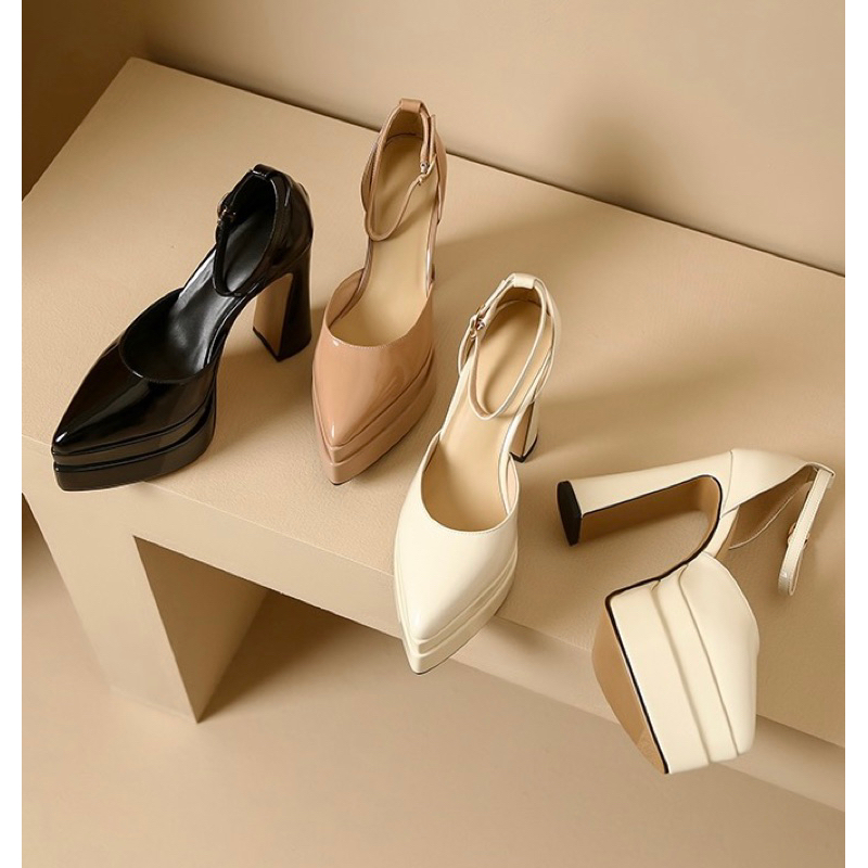 ORDER 💕 Giày mũi nhọn da bóng đế đúp gót trụ 13cm 34-39