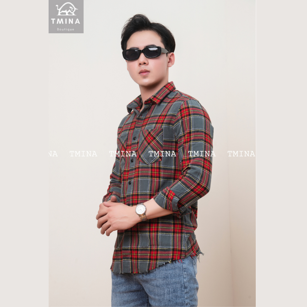 Sơ mi nam flannel Santiano tay dài, kẻ soc caro rách gấu nhiều màu