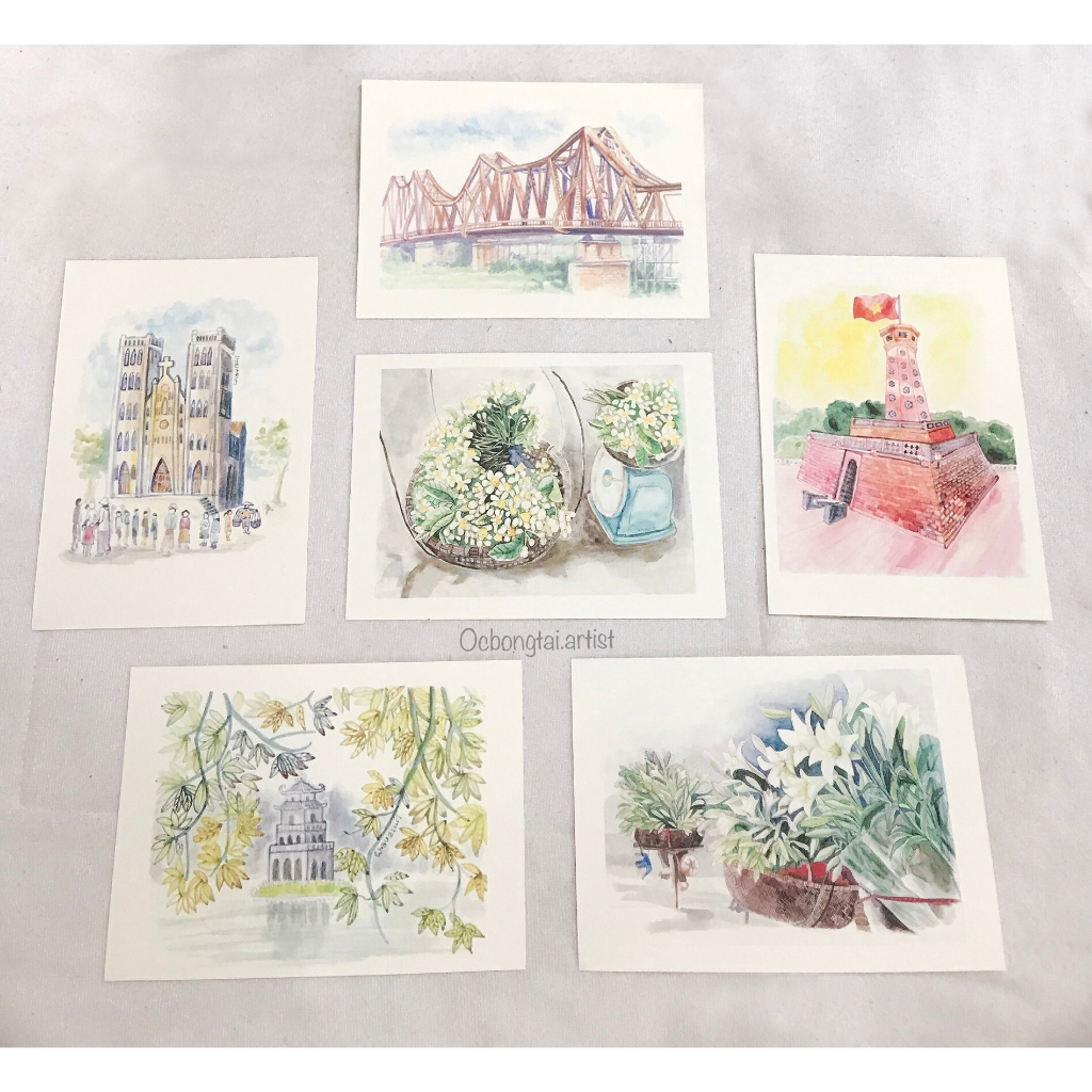 Postcard Tranh Màu Nước Hà Nội