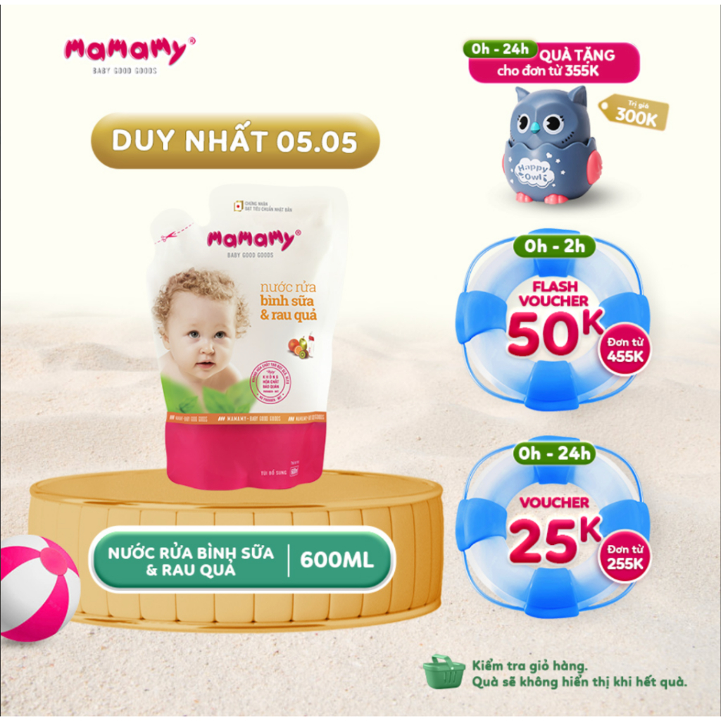 Túi Nước rửa bình sữa và rau quả lành tính, đạt tiêu chuẩn Nhật Bản Mamamy an toàn cho cả trẻ sơ sinh 600ml