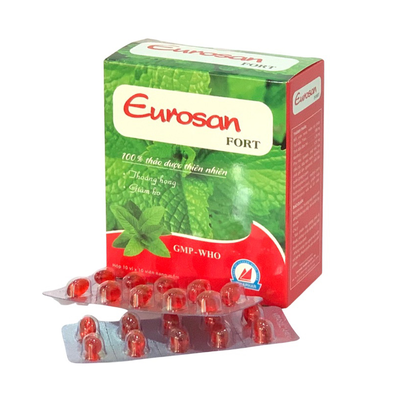 Viên Ho Dầu EUROSAN FORT (Viên màu đỏ ) -Hộp 100 viên- Giảm Ho, Giảm Đau Rát Họng, Thông Thoáng Mũi Họng