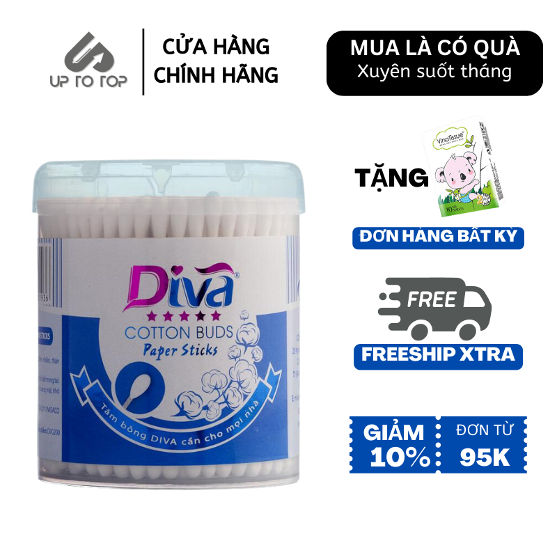 Tăm bông Diva Thân Giấy hộp tròn An Toàn cho Trẻ Sơ Sinh 100% Bông Tự Nhiên 200 cây