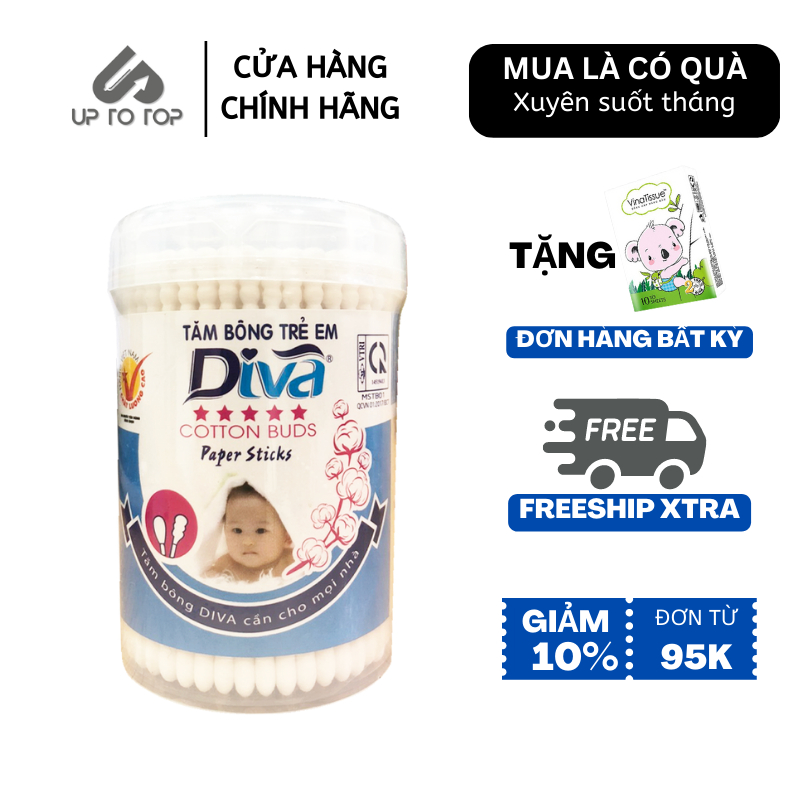 Tăm bông thân giấy Diva hộp tròn cho Trẻ Sơ Sinh 100% Bông Tự Nhiên 200 cây