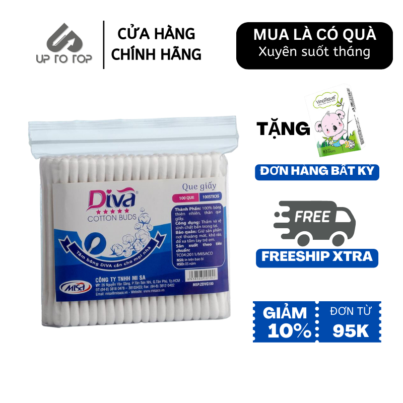 Tăm bông Diva Thân Giấy An Toàn cho Trẻ Sơ Sinh 100% Bông Tự Nhiên Túi 100 cây