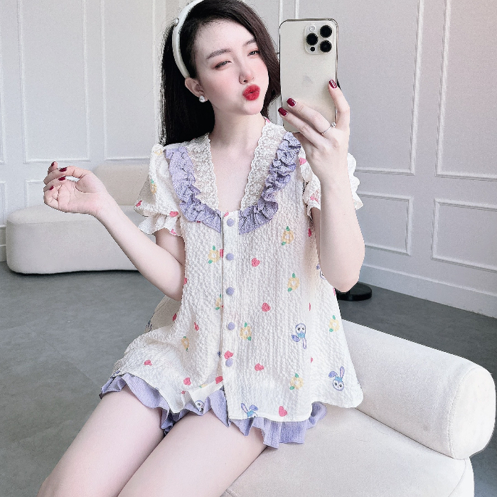 BIGSIZE Đồ Ngủ SOJUN Bộ Mặc Nhà Nữ Chất Vải Đũi Xốp Cổ Bèo Ren 60-85 kg