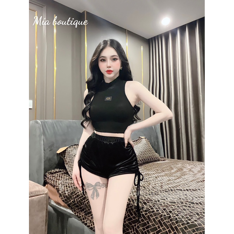 Set quần áo ba lỗ croptop mix quần sooc nhung rút dây