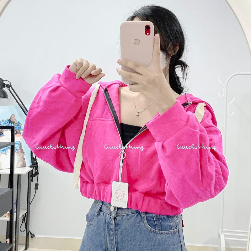 Áo khoác nữ nỉ ngoại tay phồng dáng lửng chống nắng giá rẻ.