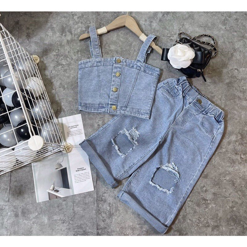Set Áo 2 Dây Và Quần Jeans Thời Trang Cho Bé Gái