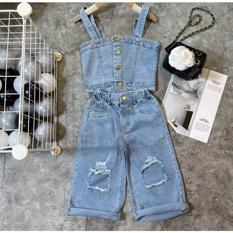 Set Áo 2 Dây Và Quần Jeans Thời Trang Cho Bé Gái