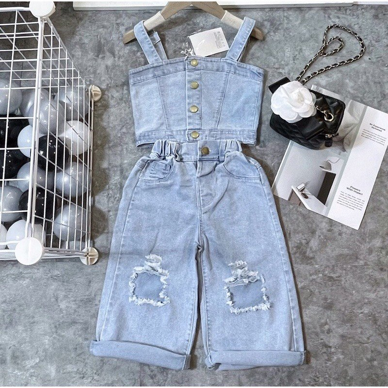 Set Áo 2 Dây Và Quần Jeans Thời Trang Cho Bé Gái