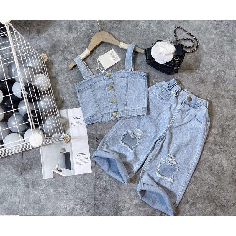 Set Áo 2 Dây Và Quần Jeans Thời Trang Cho Bé Gái