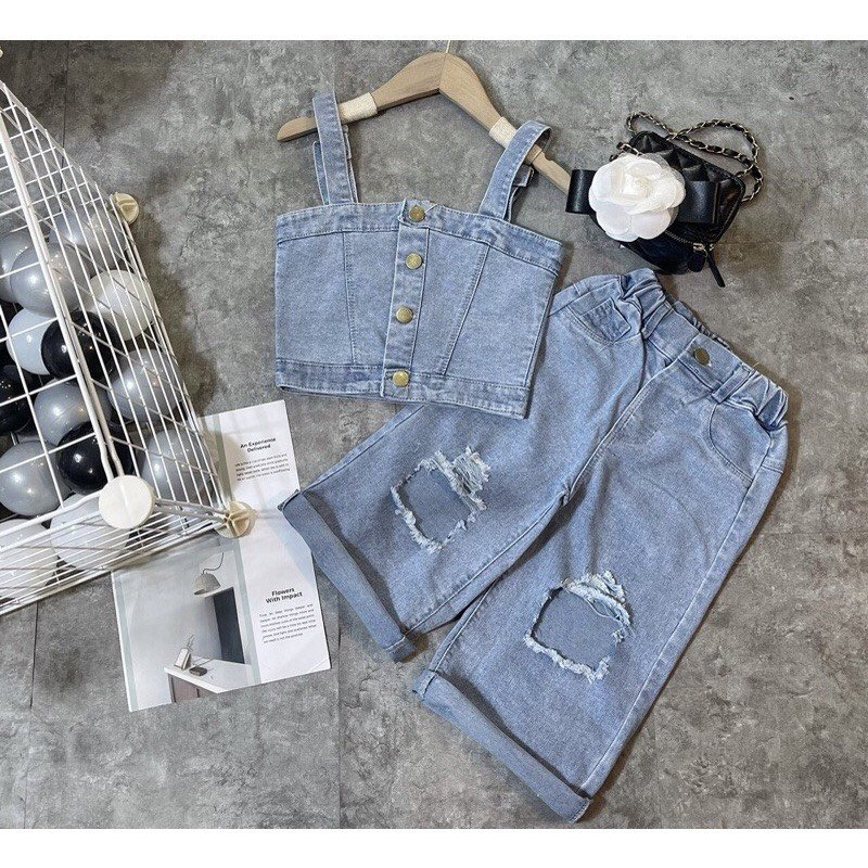 Set Áo 2 Dây Và Quần Jeans Thời Trang Cho Bé Gái