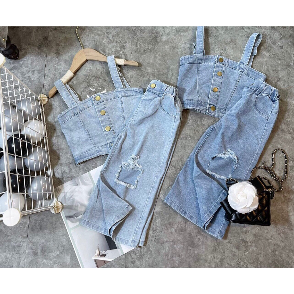 Set Áo 2 Dây Và Quần Jeans Thời Trang Cho Bé Gái
