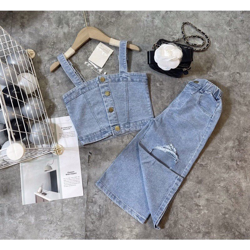 Set Áo 2 Dây Và Quần Jeans Thời Trang Cho Bé Gái