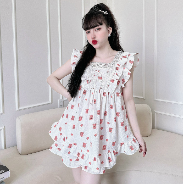 BIGSIZE Đồ Ngủ SOJUN Bộ Mặc Nhà Nữ Chất Vải Đũi Xốp Cổ V 3 Nơ 55-75 kg