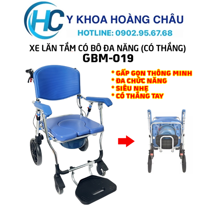 Xe Lăn Tắm Có Bô Đa Năng, Có Thắng Gia Bảo Minh GBM-019 | Gấp Gọn Thông Minh