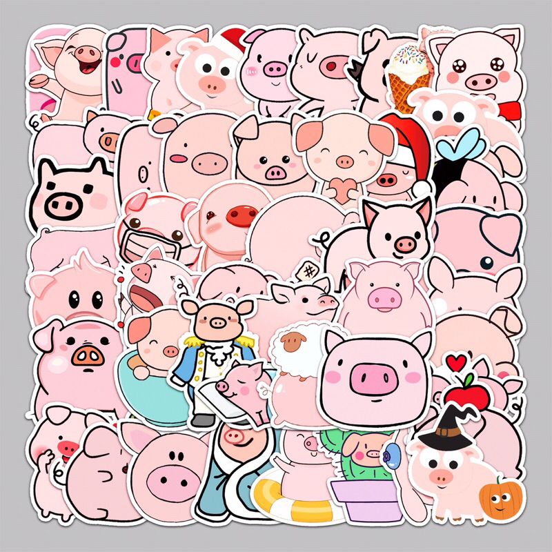 Set 50 Sticker hình HEO HỒNG Xinh Xắn Dễ Thương, Dán Laptop, Điện Thoại, Ván Trượt, Đàn - Decal PVC Chông Thấm Nước