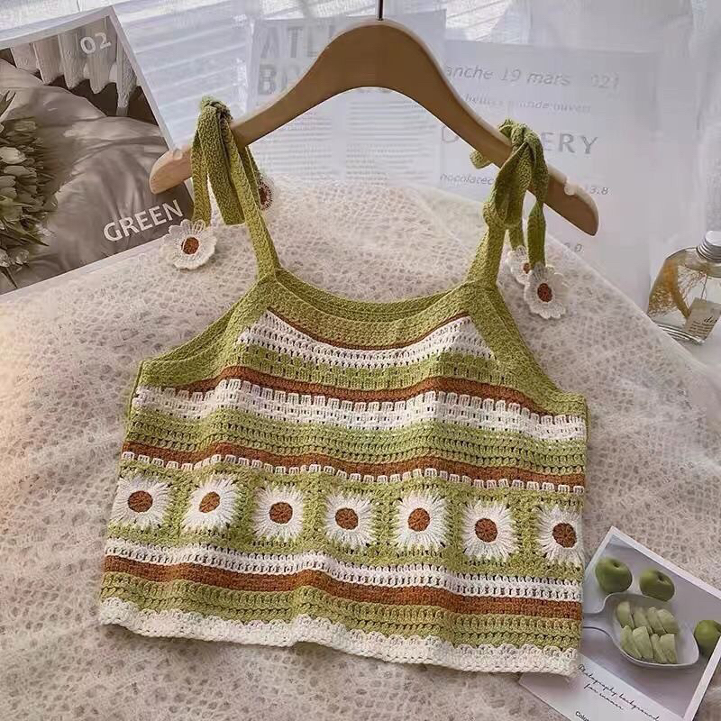 Áo móc len 2 dây siêu xinh phối dây cột có hoa cho nữ