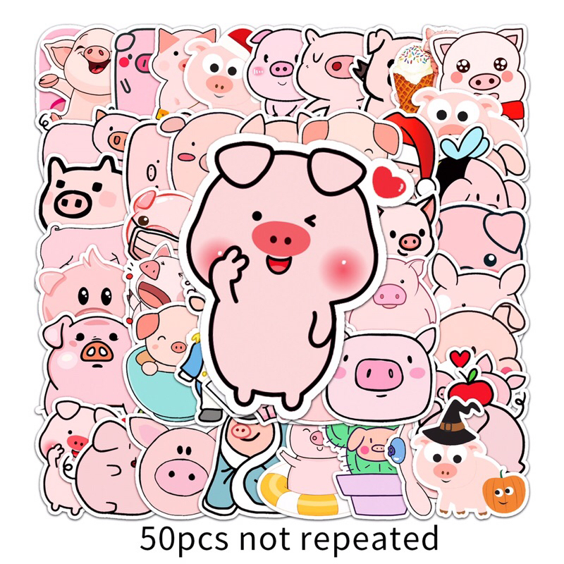 Set 50 Sticker hình HEO HỒNG Xinh Xắn Dễ Thương, Dán Laptop, Điện Thoại, Ván Trượt, Đàn - Decal PVC Chông Thấm Nước