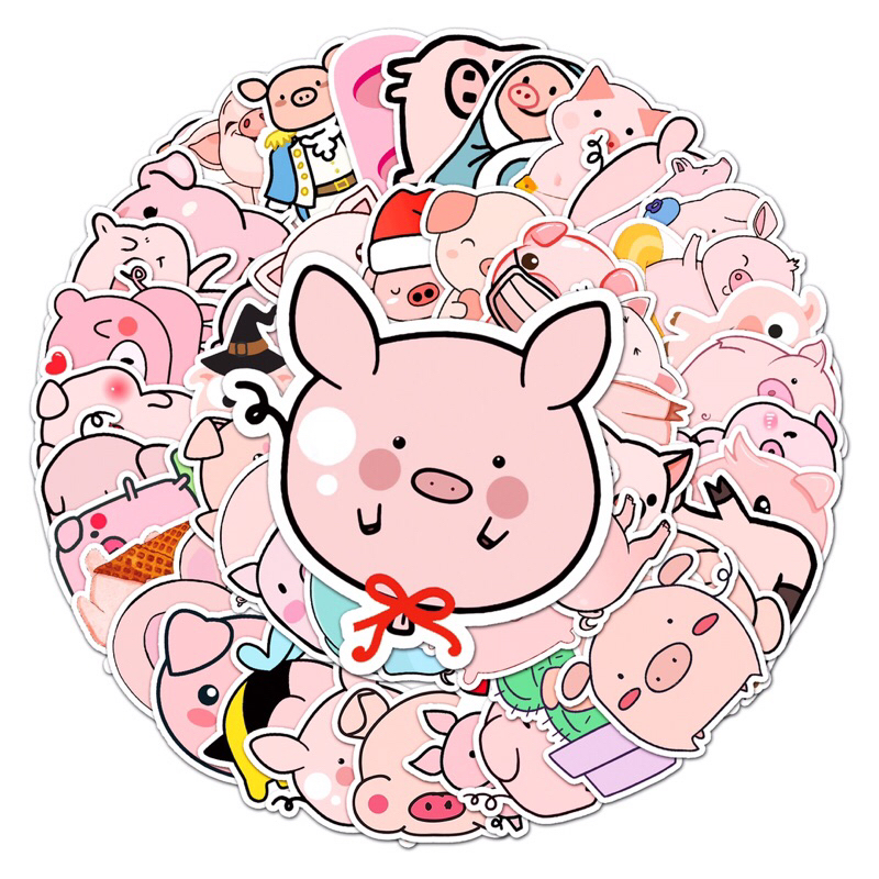 Set 50 Sticker hình HEO HỒNG Xinh Xắn Dễ Thương, Dán Laptop, Điện Thoại, Ván Trượt, Đàn - Decal PVC Chông Thấm Nước