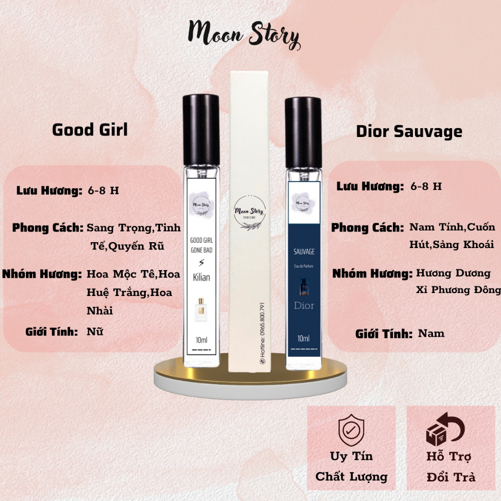 Nước Hoa Nam,Nữ Combo 2 lọ 10ml Kilian Good Girl sang trọng quyến rũ và Dior Sauvage nam tính cuốn hút-Moon Story