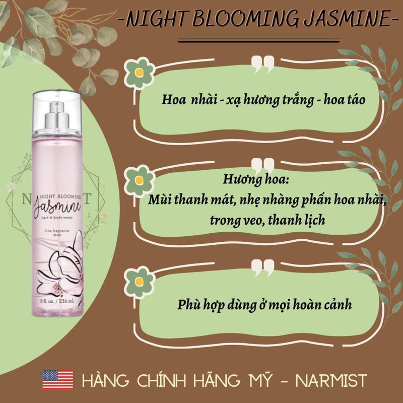 Xịt thơm Bodymist NIGHT BLOOMING JASMINE Chính hãng Mỹ Bath&Body Works chai chiết thuỷ tinh 10-30ml