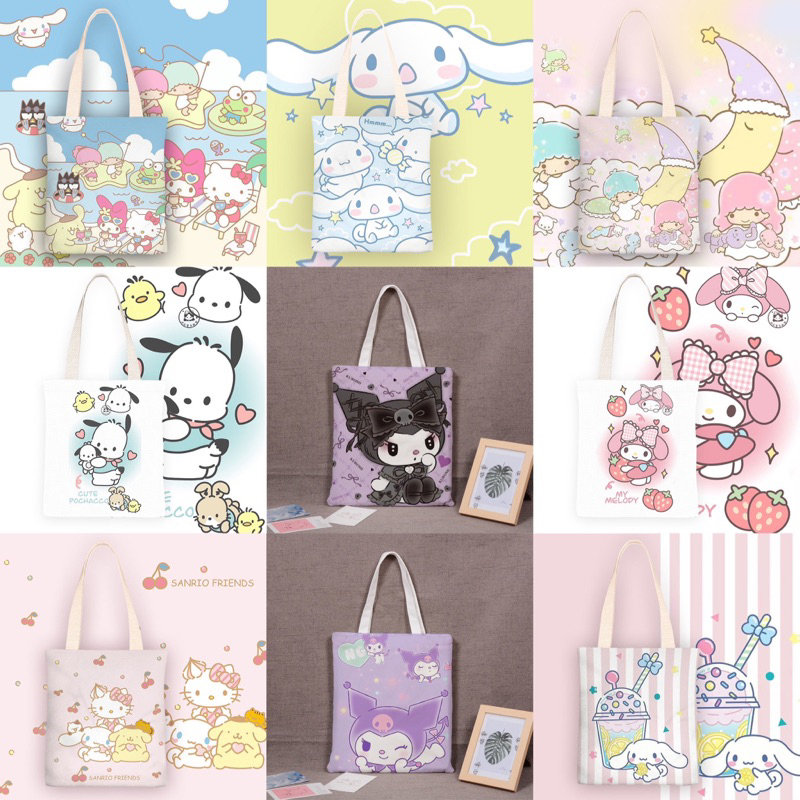 Túi tote vải canvas hình Sanrio có dây kéo Cinnamoroll, Kuromi, Hello Kitty (tặng móc khoá)