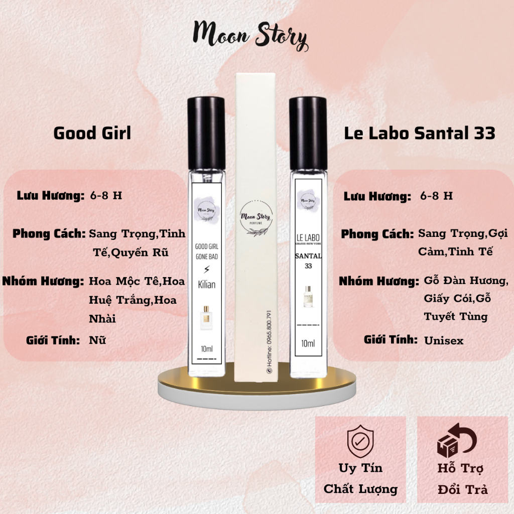 Nước Hoa Nam,Nữ Combo 2 lọ 10ml Kilian Good Girl sang trọng quyến rũ và Le Labo Santal 33 gợi cảm tinh tế-Moon Story