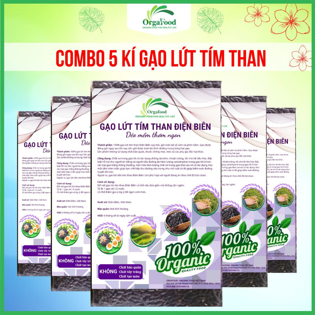 5kg Gạo lứt đen dẻo Điện Biên hữu cơ, gạo lức tím than Orgafood EAT CLEAN giảm cân, ăn kiêng