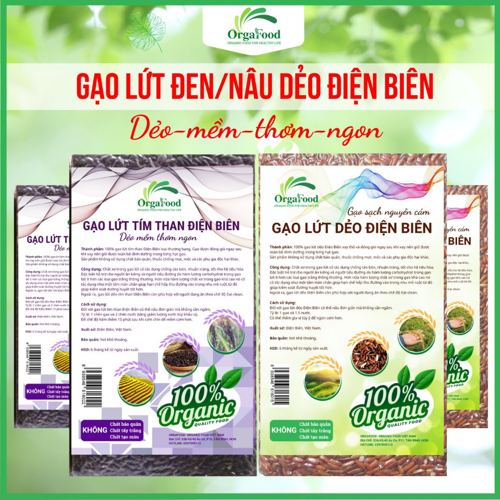 Gạo lứt đen dẻo Điện Biên hữu cơ 1kg Orgafood, lứt tím than, gạo lức nâu dẻo, eatclean, giảm cân cho người ăn kiêng