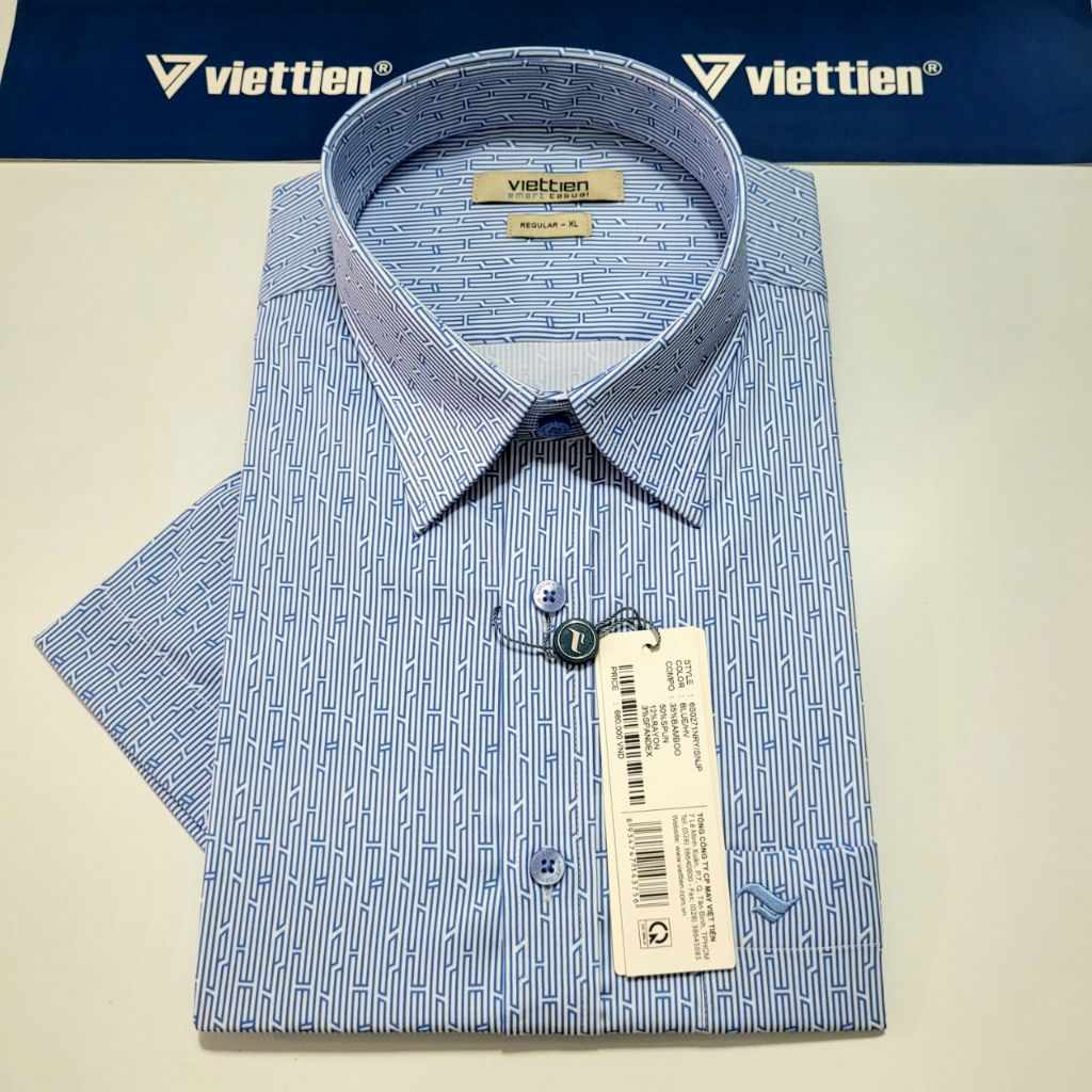 Aó sơ mi Việt Tiến smart casual ngắn tay ,tà ngang mã 6S0271NRY chính hãng ,cao cấp - form suông REGULAR -TÀ NGANG,