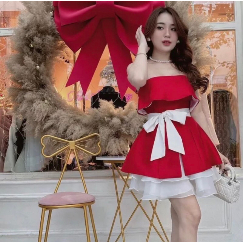 Set áo kiểu cúp ngực xẻ tà + chân váy dáng xòe xếp ly kèm dây cột nơ eo cực xinh cho nàng đi chơi