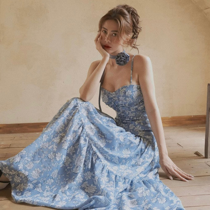 Đầm maxi kate lụa hai dây hoa mặc 2 kiểu dáng dài thướt tha kèm nơ hoa - TKCC Ashley