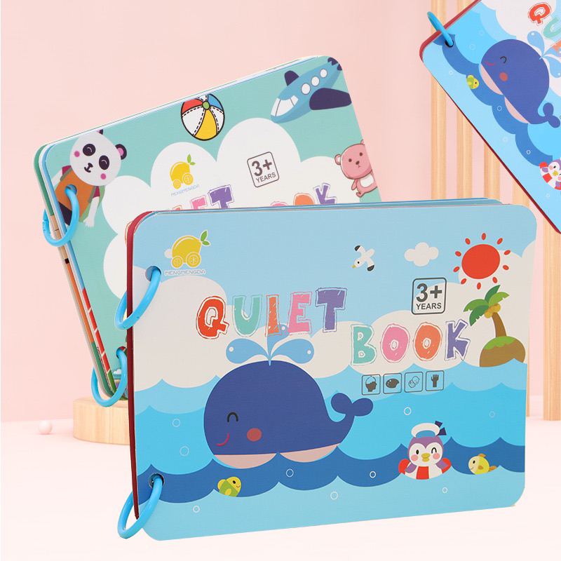 Học liệu bóc dán Montessori 10 trang cho bé, đồ chơi bảng bận rộn quiet book tiếng Anh