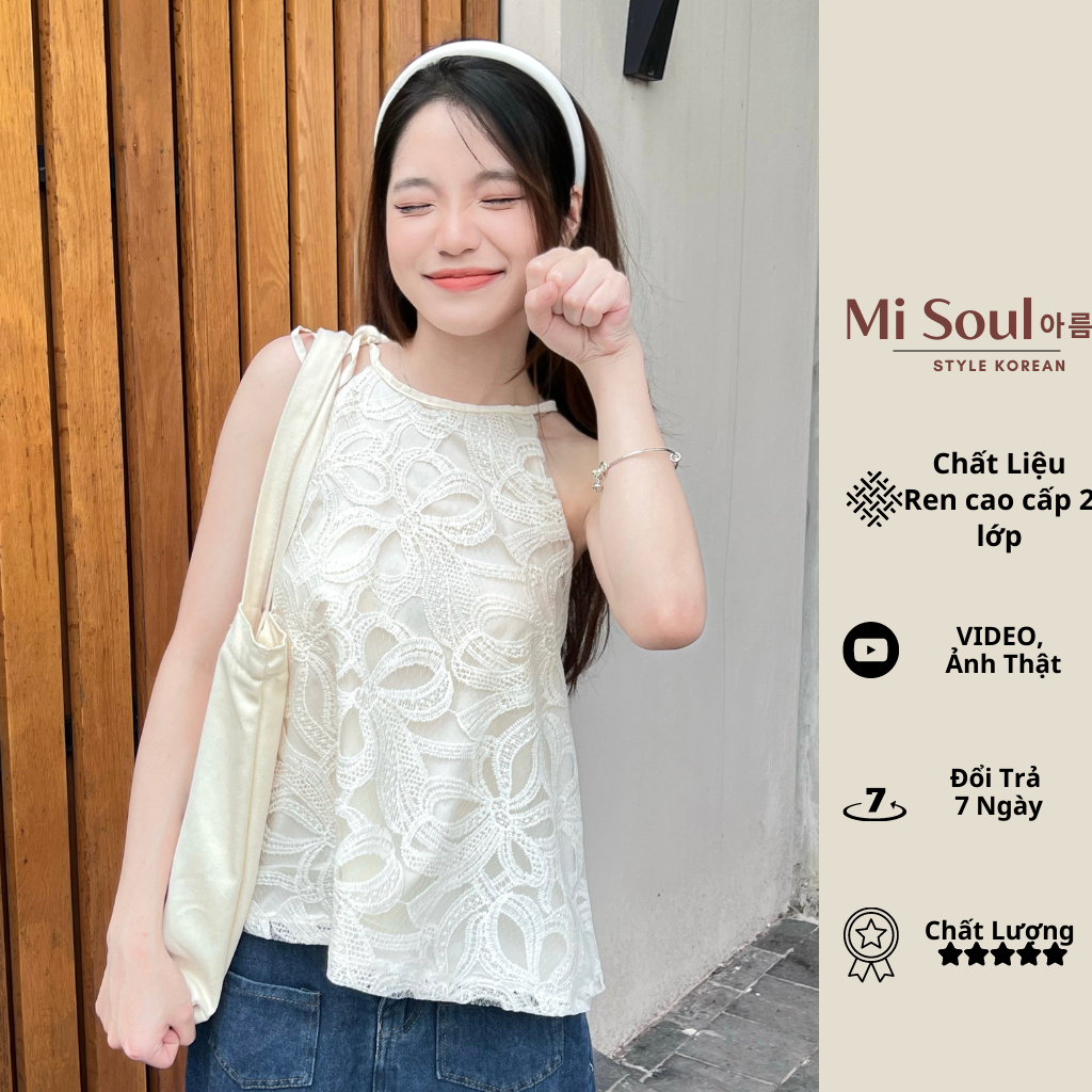 Áo Yếm Cột Dây Misoul, Áo Yếm Ren Dây Ren Cổ Yếm Hở Lưng Dáng Suông Họa Tiết 164