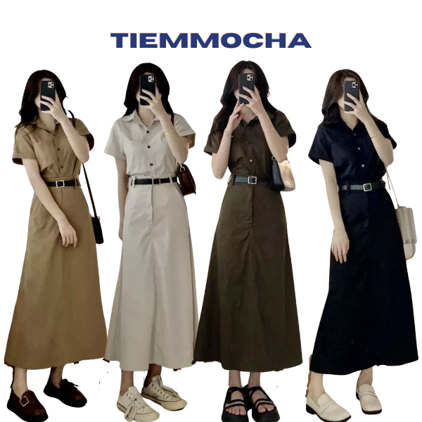 Set sơ mi cộc tay chân váy midi kèm đai set 3 chi tiết áo sơ mi kaki váy dáng dài kèm belt